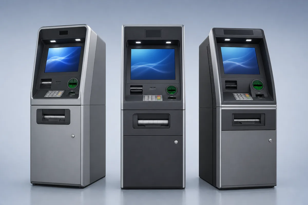 Three modern free-standing ATM machines available from ATMcash for purchase, lease or free placement