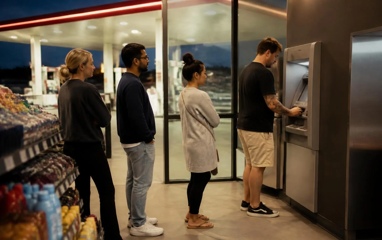 Customers queuing to withdraw cash from a free-standing ATM inside an Australian service station shop